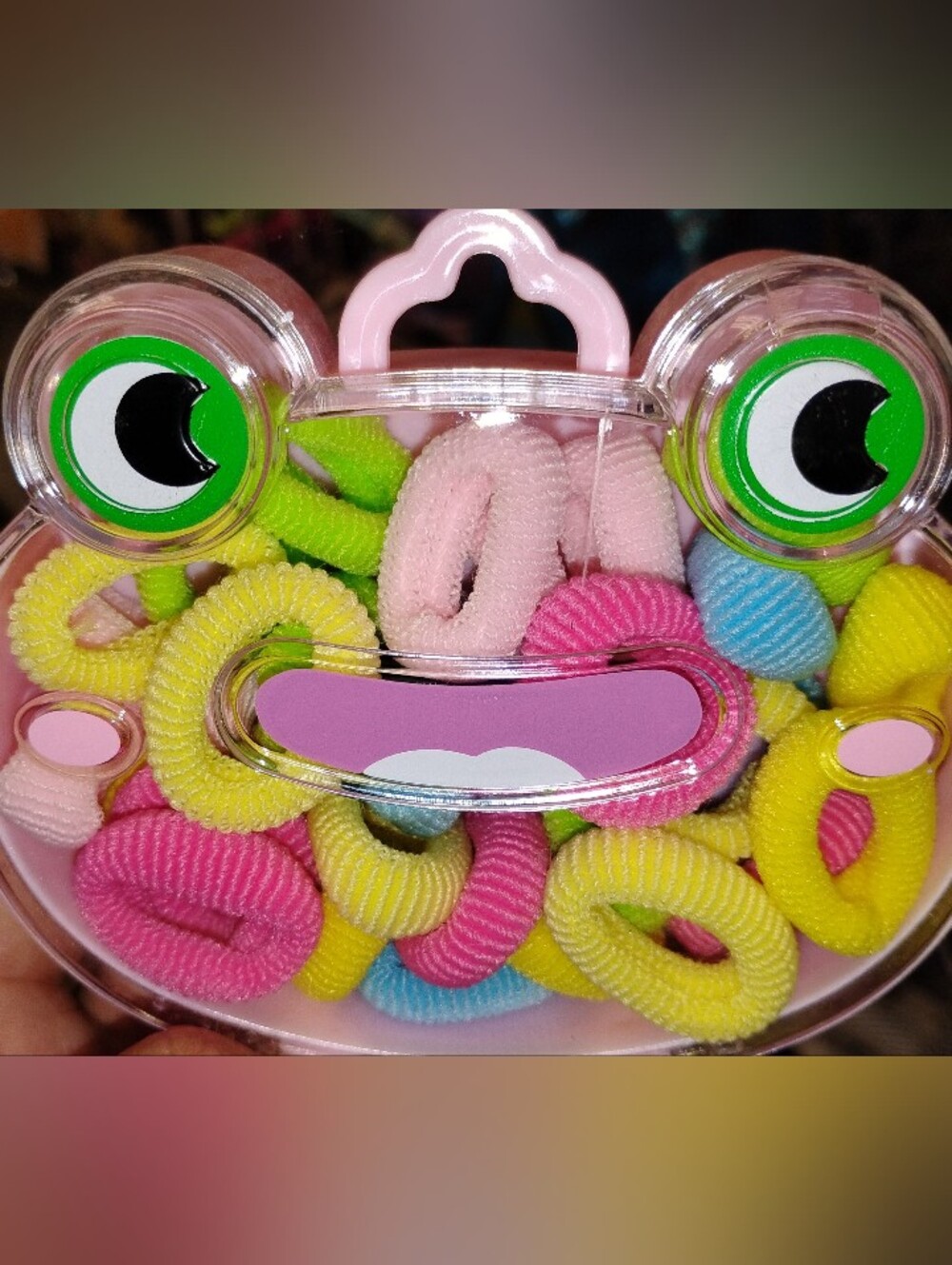 Bright Pastel Hair Tie Set in a Frog-shaped Container - Pink,Yellow, Blue,Green